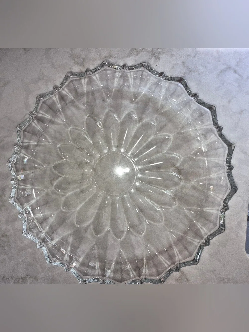 Vintage clear pressed-glass serving platter,  Radial Sunflower Scalloped Rim